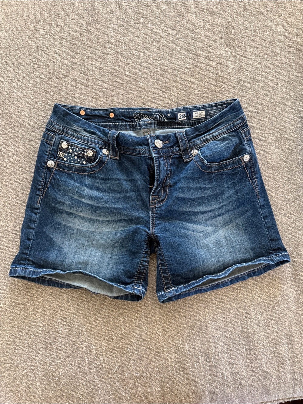 Miss Me Dark Blue Mid Rise Easy Short with Studded Accent